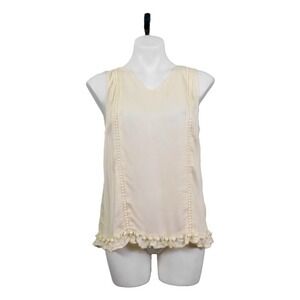 Du‎ Jour Sleeveless Woven Tank Pom-Pom Detail, Ivory, Small